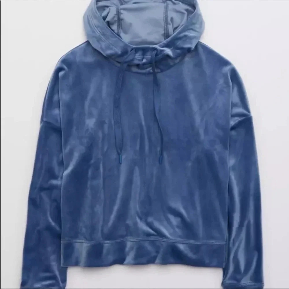 Offline by Aerie Blue Cropped Velour Hoodie XL - Picture 4 of 10